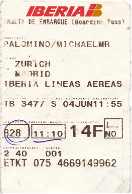 Platzkarte der Iberia von Michael Palomino
                        f�r den Flug IB 3477 von Z�rich nach Madrid vom
                        4. Juni 2008, am Gate B28, Abflug 11:10, Sitz
                        14F