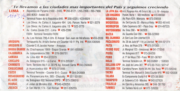 Busfirma Cial Flugblatt 02, Angabe aller
                        Terminals in Per� und Preisangabe f�r die
                        Strecke Cusco-Lima 100 Soles