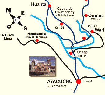 Mapa con la
                          posici�n de la cueva de Piquimachay /
                          Pikimachay entre Ayacucho y Huanta