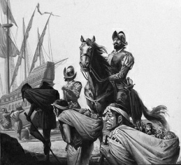 Francisco Pizarro a caballo, ind�genas tienen que
                traer su oro en el barco de los espa�oles, pintura