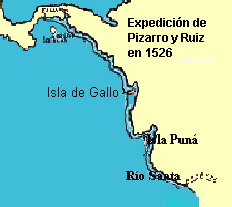Mapa con la expedici�n de Pizarro y
                Ruiz al R�o Santa 1526