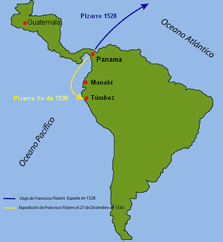 Mapa con las indicaciones del viaje de
                      Pizarro a Espa�a (1528) y su ataque al fin de 1530
                      contra el imperio incaico Tawantinsuyo