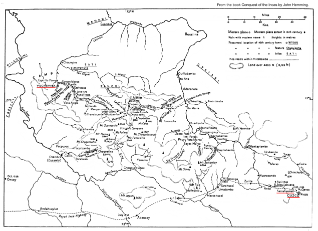 Mapa con Vilcabamba, Cusco y la fortaleza
                Sacsayhuam�n y muchos sitios de batalla entre incas y
                espa�oles y sus colaboradores (Mapa de John Hemming:
                Conquest of the Incas)