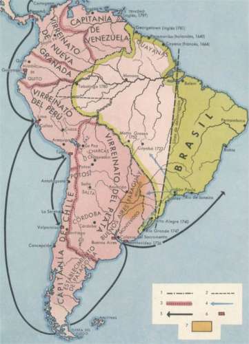 Mapa
                          del "Am�rica" del Sur con el
                          Virreinato del Per� desde 1776 con un
                          Virreinato de la Plata