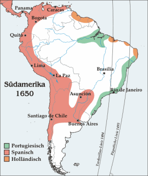 Mapa del
                            "Am�rica" del Sur en 1650 con
                            indicaci�n de las partes espa�olas (rojo),
                            portuguesas (verde) y hollandesas (naranje)