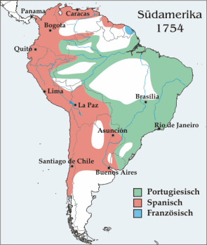 Mapa del "Am�rica" del Sur en
                            1754 con las indicaciones de las partes
                            espa�olas (rojo), portuguesas (verde) y
                            francesas (azul)