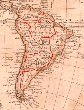 Mapa del "Am�rica" del Sur en
                            1771 con fronteras rojas, con la uni�n de
                            Quito (Ecuador)-Lima (Per�)-Charcas
                            (Bolivia), con la uni�n de Paraguay-La
                            Plata, con Chile con una punta, con una
                            Patagonia separada, con un Brasil peque�o, y
                            con Amazonia con una costa al oeste que va a
                            ser perdida en 1772.