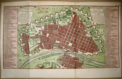 Plan de la ciudad de Lima en 1750, una
                            ciudad con un gobierno solo para la nobleza
                            espa�ola. Fueron tambi�n mestizas, ind�genas
                            y esclavos negros en la ciudad. (el norte
                            abajo)