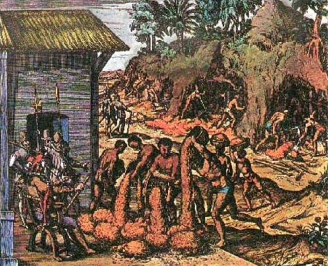 Trabajo
                  de esclavos ind�genas y negros en una mina, cuadro del
                  siglo 17
