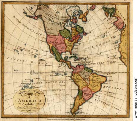 Mapa del
                      "America" del Norte y del
                      "America" del Sur en 1790. Se ve un Per�
                      grande, un M�xico grande, y un Brasil no tan
                      grande, y los Estados Estupidos son todav�a
                      peque�os - pero parece que cada pa�s tiene su plan
                      de extensi�n.