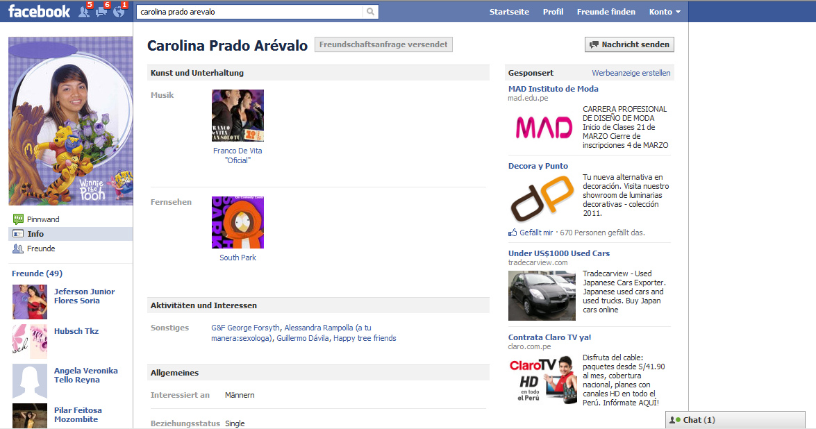 Carolina Prado Ar�valo en
                        Facebook declar�ndose "single"
                        buscando hombres (M�nner), 17 de marzo 2011
