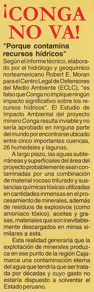 Texto de la revista
                        "As� declaro" sobre el proyecto
                        criminal de "Conga": "Conga no
                        va", pag�na 19
