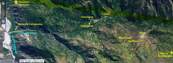 Karte als beschriftetes Satellitenfoto vom
                        Rio Pampas ins Chincheros-Tal bis Chincheros und
                        Uripa