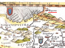 Karte mit Bayona
                                                  (heute Bayonne) an der
                                                  Grenze zu Spanien, um
                                                  1600
