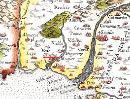 Karte mit Huelva
                                                  und Palos um 1600
