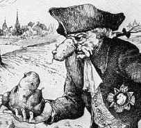 Die Karikatur
                                      von Kurt Halbritter zeigt K�nig
                                      Friedrich den II. ("der
                                      Grosse") als Werber f�r
                                      Kartoffeln (1744) - mit
                                      Kartoffelnase [42]