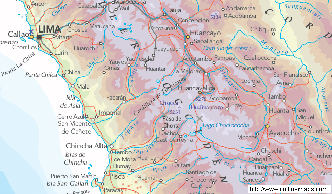Karte 01: Die Strecke Lima-Pisco-Ayacucho
                      durch das Pisco-Tal mit dem Pisco-Fluss. Der Ort
                      Huaitar� ist ein Geheimtip.