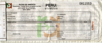 Billet der Busfirma
                                    "Caracol"
                                    ("Schnecke") bzw.
                                    "Rutas de America" (ra)
                                    f�r den 6. August 2008 von Lima nach
                                    Guayaquil auf der Panamericana, das
                                    Billet kostet 240.01 Soles, die
                                    Platznummer ist Platz Nr. 41