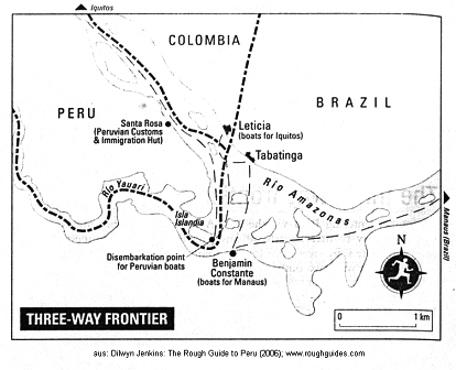 Map of the three-way frontier region
                          Santa Rosa (Per�, Peruvian Customs and
                          Immigration hut), Leticia (Colombia, with
                          boats for Iquitos), with Tabatinga (Brazil),
                          and with Benjamin Constante (Brazil, boats for
                          Manaus), with the the island Islandia (Per�)
                          in the mouth of R�o Yauar� to the R�o
                          Amazonas.