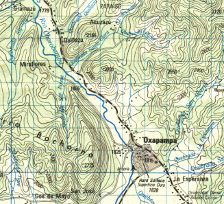 Karte der Region Oxapampa 1:100.000 ohne
                        Tsachopen; Blatt "Oxapampa",
                        1:100.000, Edition: 1-DMA (IGN), Serie: J631,
                        Blatt: 1849 (22-m); Geografisch-milit�risches
                        Institut (Instituto geografico militar), Avenida
                        Aramburu, Block 11 (cuadra 11), Surco, Lima
