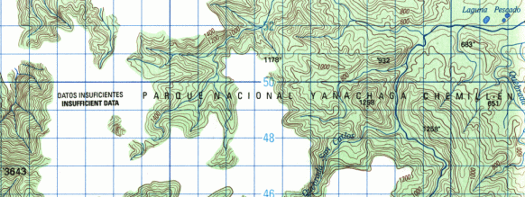 Karte des Yanesha / Amuesha-Nationalparks
                        mit der Angabe "unzureichende Angaben"
                        ("datos insuficientes") mit
                        ausgesparten Berggipfeln. Kartenblatt
                        "Iscozac�n", 1:100.000, Edition:
                        1-IGN, Serie: J631, Blatt: 1850 (21-m);
                        Geografisch-milit�risches Institut (Instituto
                        geografico militar), Avenida Aramburu, Block 11
                        (cuadra 11), Surco, Lima