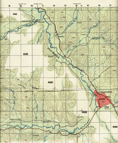 Karte der Region Oxapampa 1:50.000, erg�nzt
                        mit Tsachopen und den Wegen dorthin (erg�nzt
                        durch Michael Palomino), ohne Bergspitzen, oft
                        mit der Angabe "Wolke"
                        ("nube"); Blatt "Oxapampa",
                        1:50.000, Edition: 1-DMA, Serie: J731, Blatt:
                        1849 IV; Geografisch-milit�risches Institut
                        (Instituto geografico militar), Avenida
                        Aramburu, Block 11 (cuadra 11), Surco, Lima