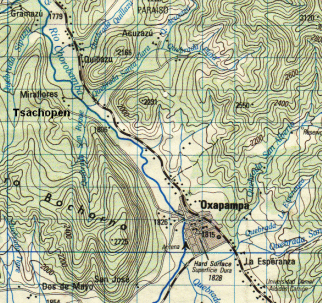 Karte der Region Oxapampa
                                        1:100.000 mit Tsachopen und
                                        Wegen, erg�nzt durch Michael
                                        Palomino