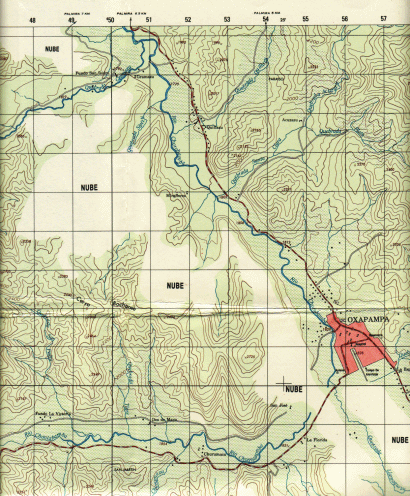 Karte der Region Oxapampa 1:50.000 ohne
                            Tsachopen und ohne Bergspitzen, mit der
                            Angabe "Wolke" ("nube");
                            Kartenblatt "Oxapampa", 1:50.000,
                            Edition: 1-DMA, Serie: J731, Blatt: 1849 IV;
                            Geografisch-milit�risches Institut
                            (Instituto geogr�fico militar), Avenida
                            Aramburu, Block 11 (cuadra 11), Surco, Lima