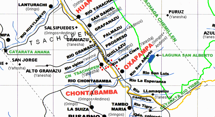 Karte mit der Region Oxapampa und dem
                            Weg von Quillazu nach Tsachopen quer durch
                            das Tal des R�o Chontabamba