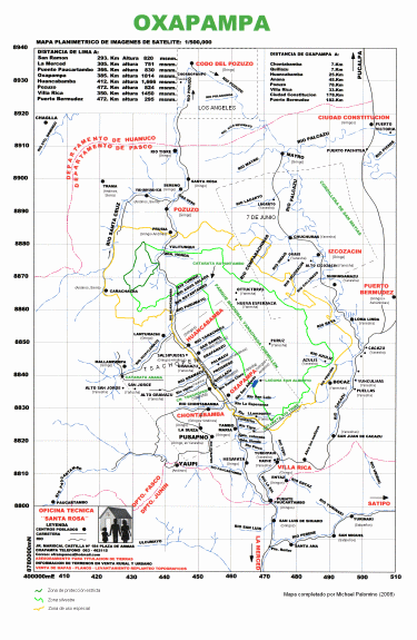 Karte der Region Oxapampa, Pozuzo und
                          Codo de Pozuzo mit Nationalparkgrenzen und
                          Pueblos der Indigenas der Yaneshas / Amueshas.
                          Diese vorl�ufige Karte ist das Resultat der
                          Zusammenarbeit mit den drei Yaneshas /
                          Amueshas Francisco Espiritu, Luis und Marcial
                          Ortiz Espiritu.